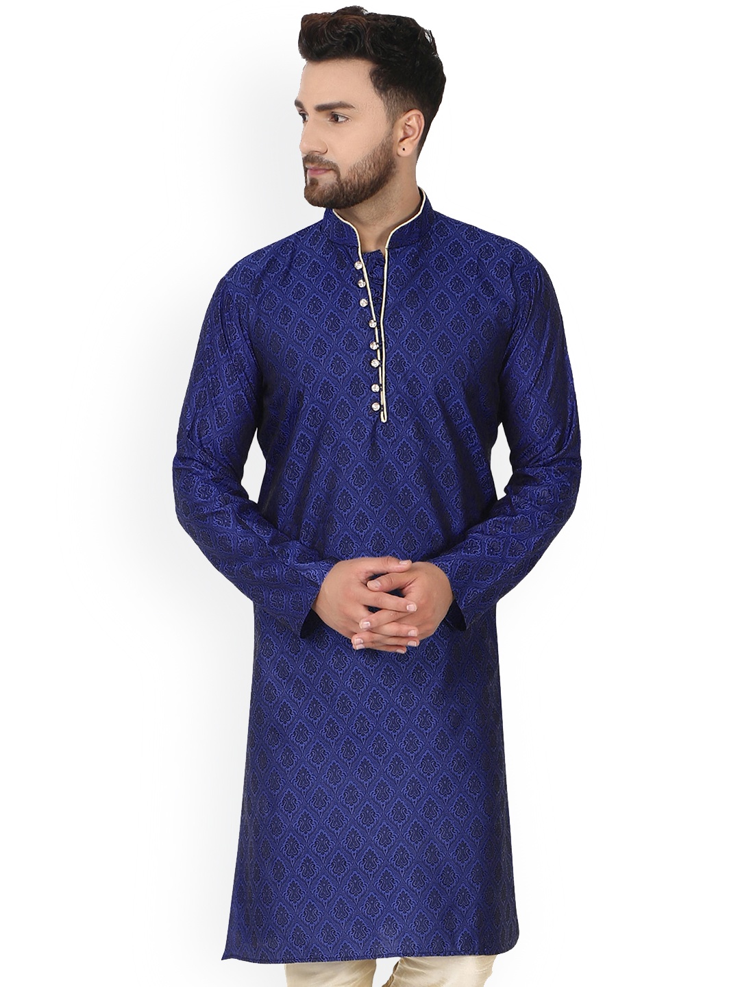 

Enciger Ethnic Motifs Printed Cotton Mandarin Collar Jacquard Straight Kurta, Blue