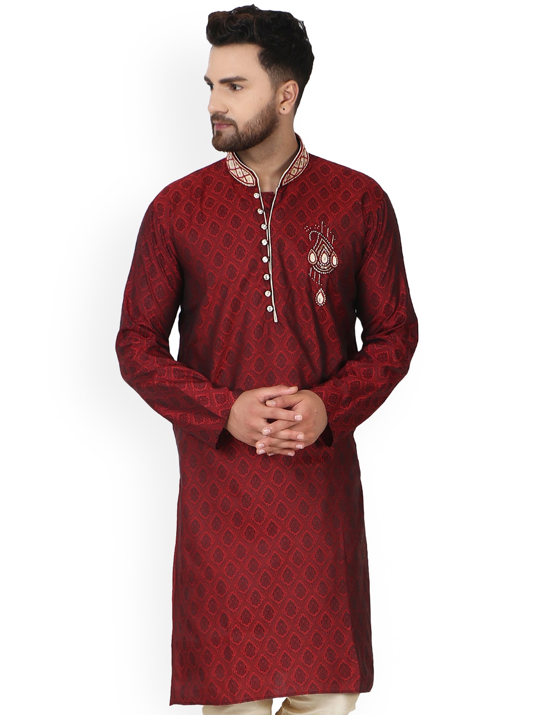 

Enciger Ethnic Motifs Woven Design Jacquard Straight Kurta, Red