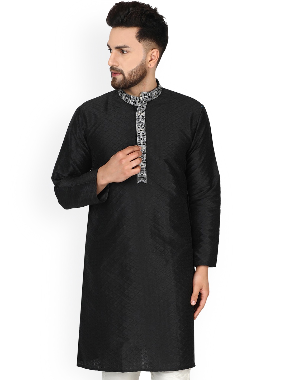 

Enciger Ethnic Motifs Woven Design Thread Work Mandarin Collar Straight Kurta, Black