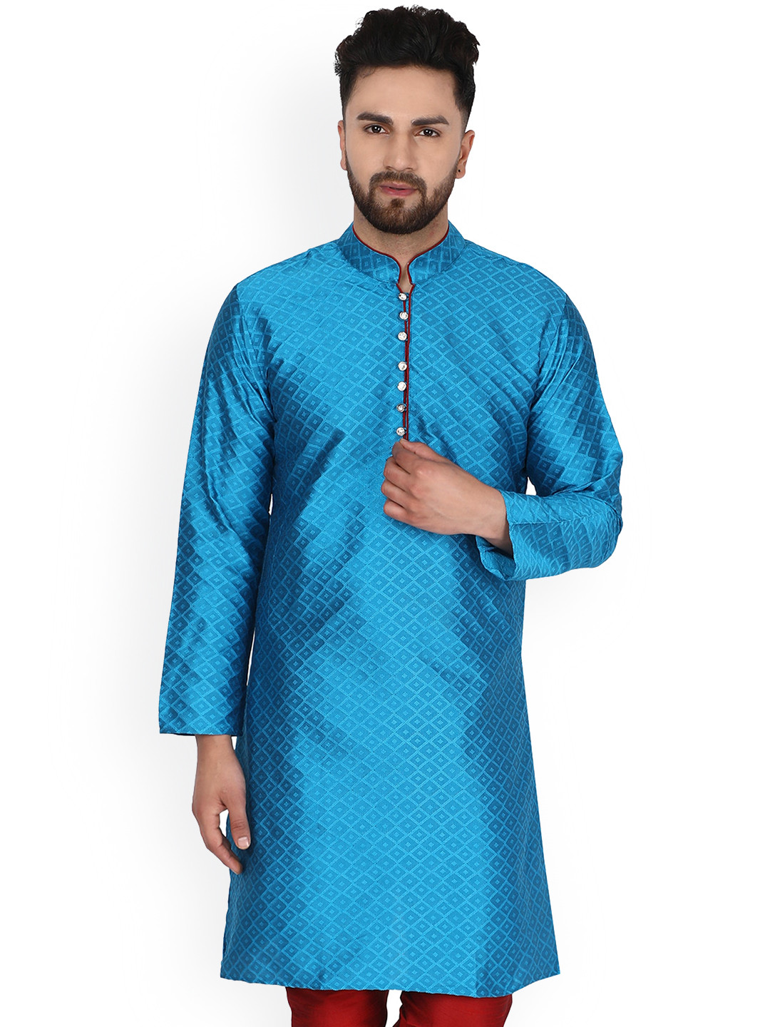 

Enciger Ethnic Motifs Woven Design Thread Work Mandarin Collar Straight Kurta, Turquoise blue