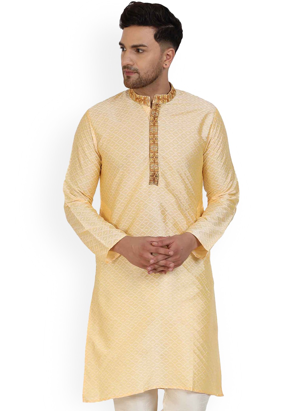 

Enciger Ethnic Motifs Woven Design Thread Work Mandarin Collar Straight Kurta, Beige