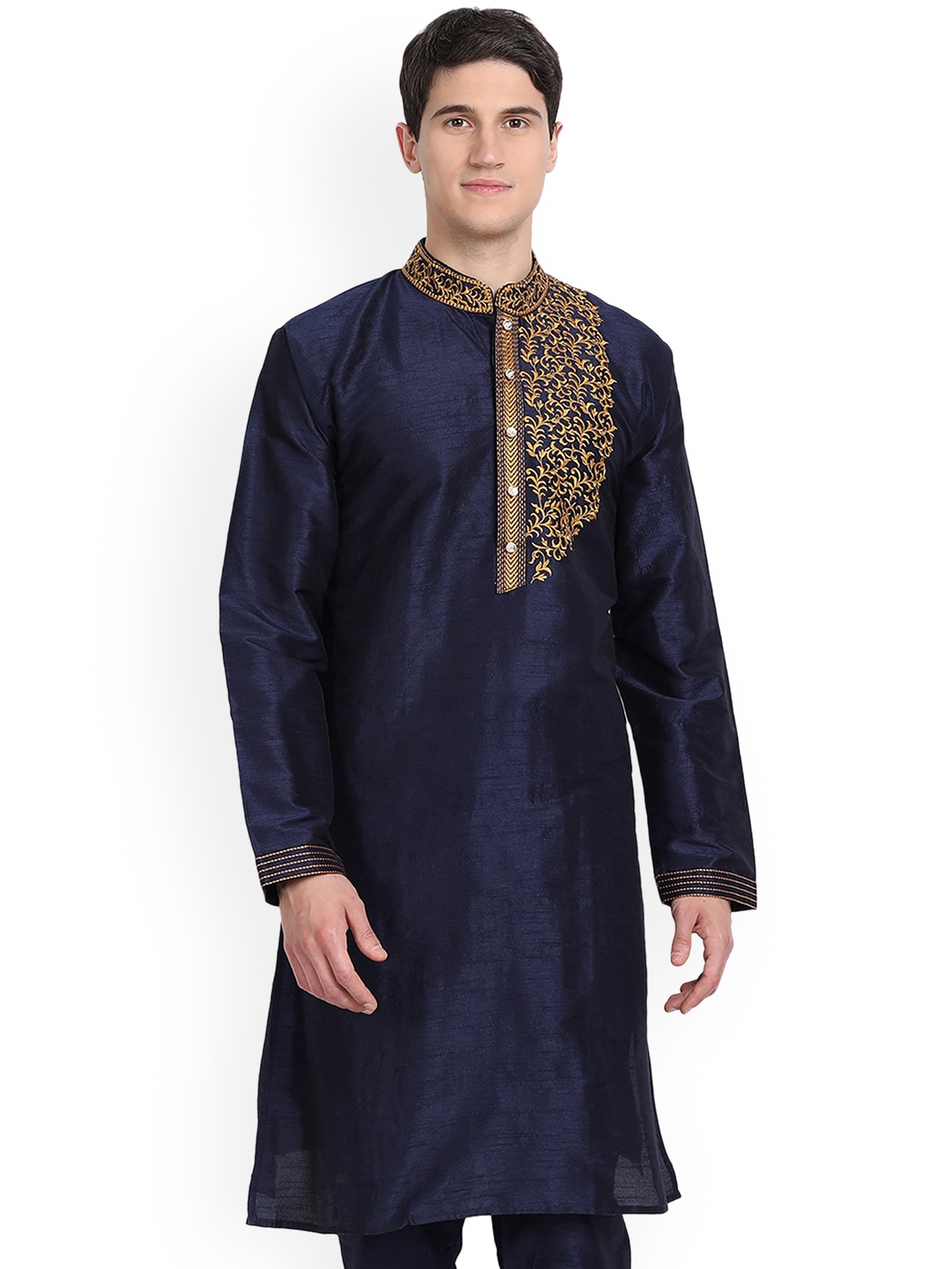 

Enciger Band Collar Thread Work Detailed Straight Kurta, Blue