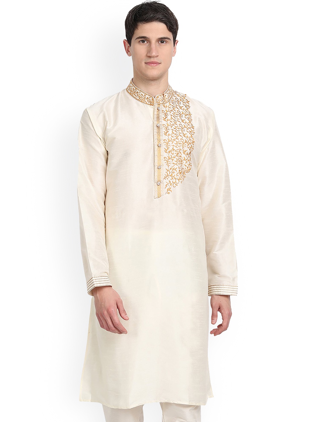 

Enciger Floral Embroidered Mandarin Collar Dupion Silk Straight Kurta, Off white
