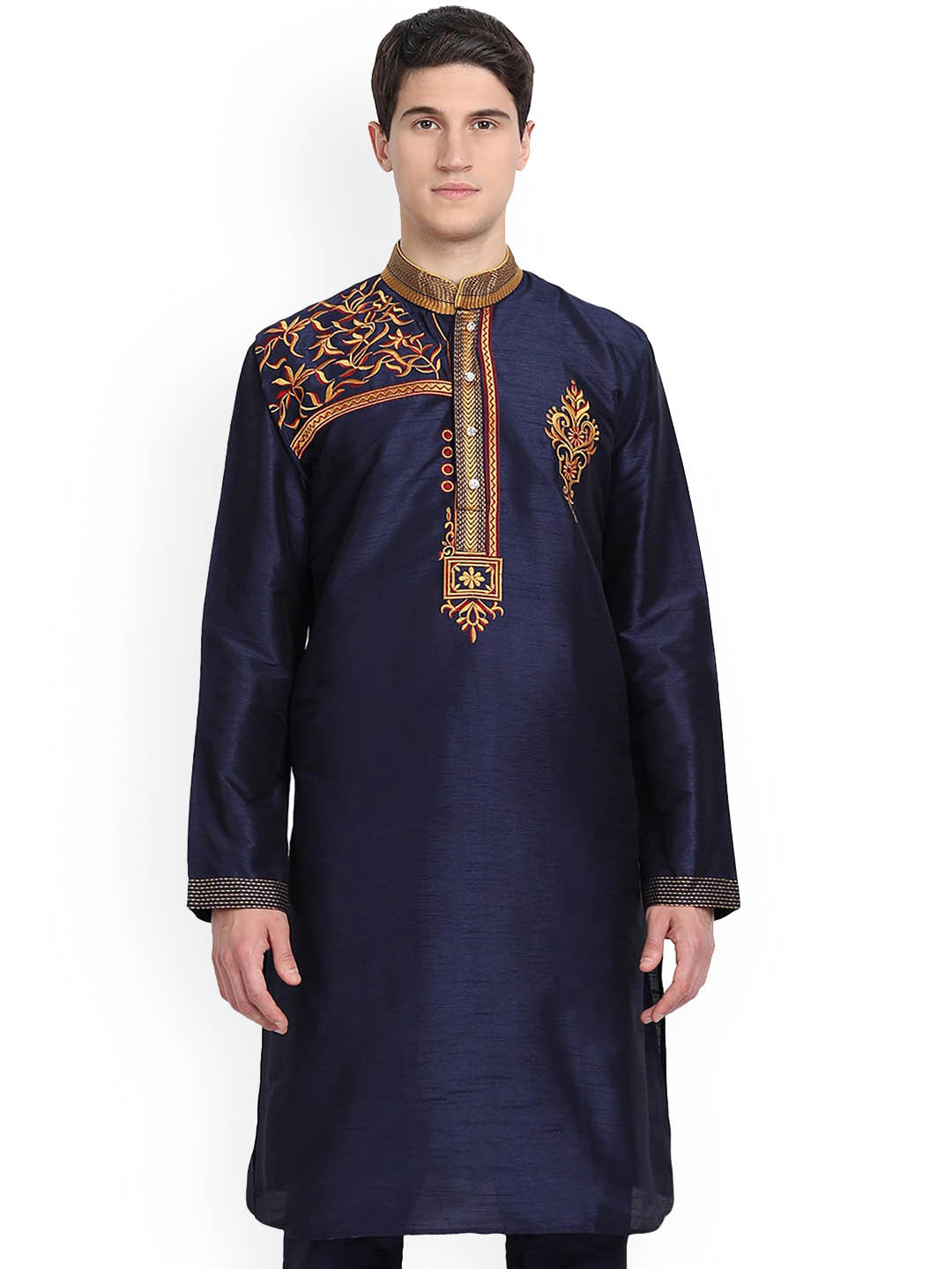 

Enciger Floral Embroiederd Yoke Design Mandarin Collar Dupion Silk Straight Kurta, Navy blue