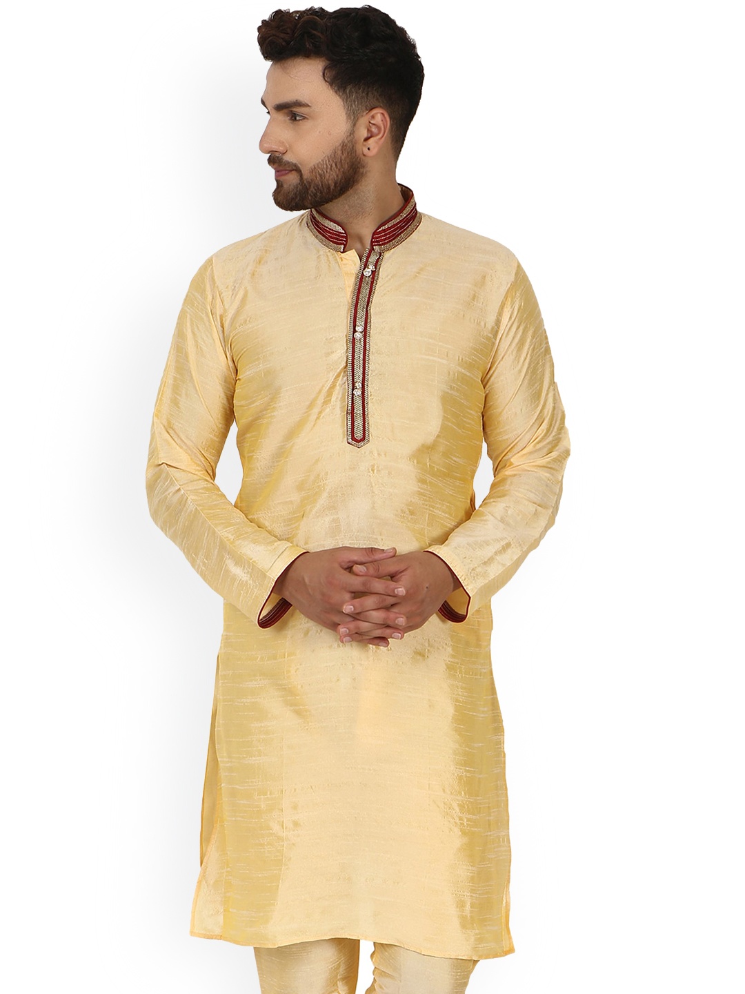

Enciger Mandarin Collar Dupion Silk Straight Kurta, Beige