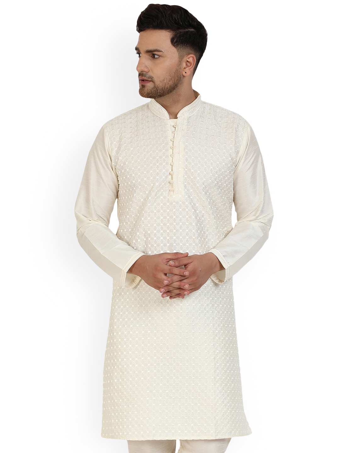 

Enciger Floral Embroidered Mandarin Collar Dupion Silk Straight Kurta, Off white