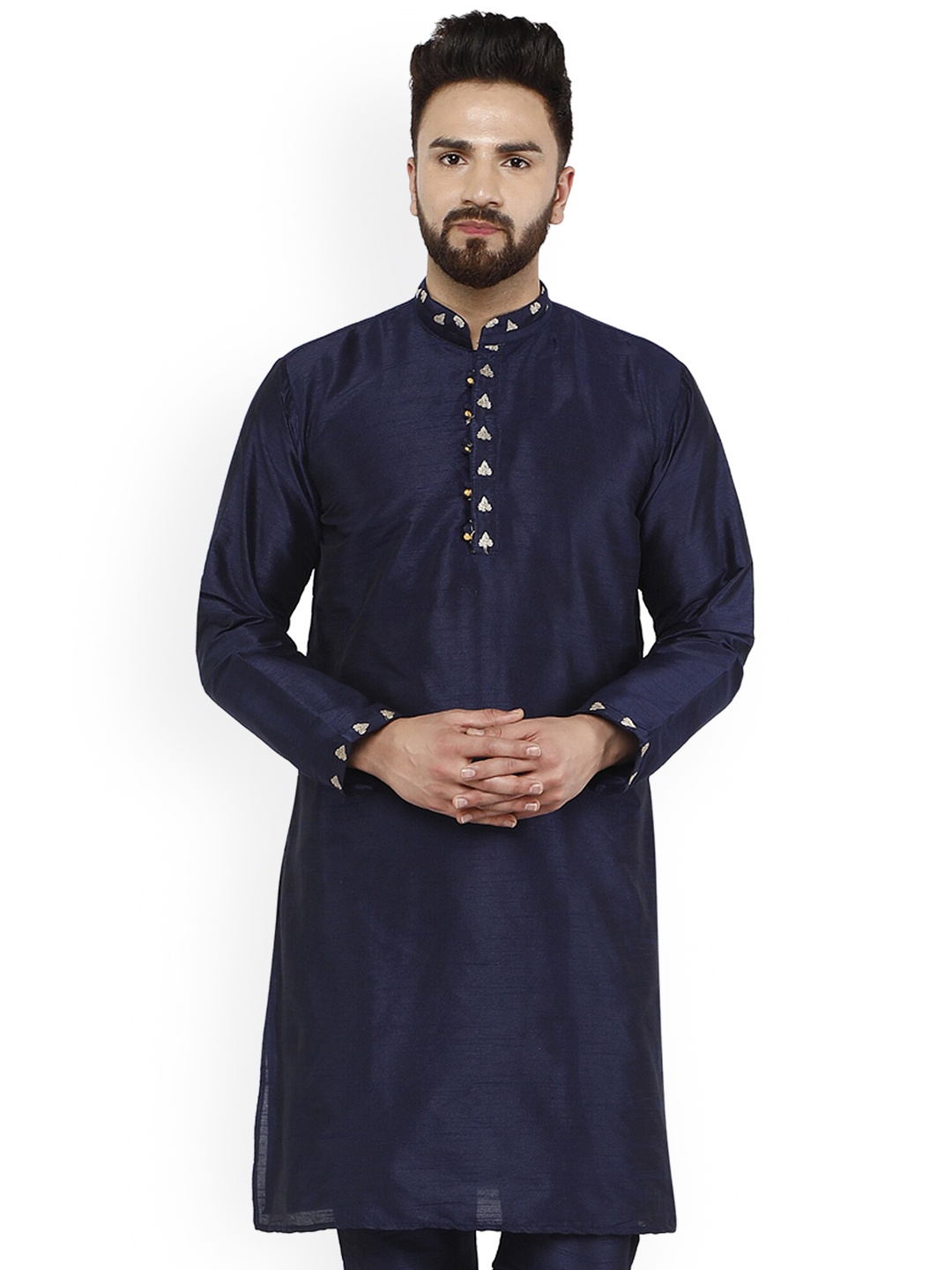 

Enciger Mandarin Collar Long Sleeve Thread Work Straight Kurta, Blue