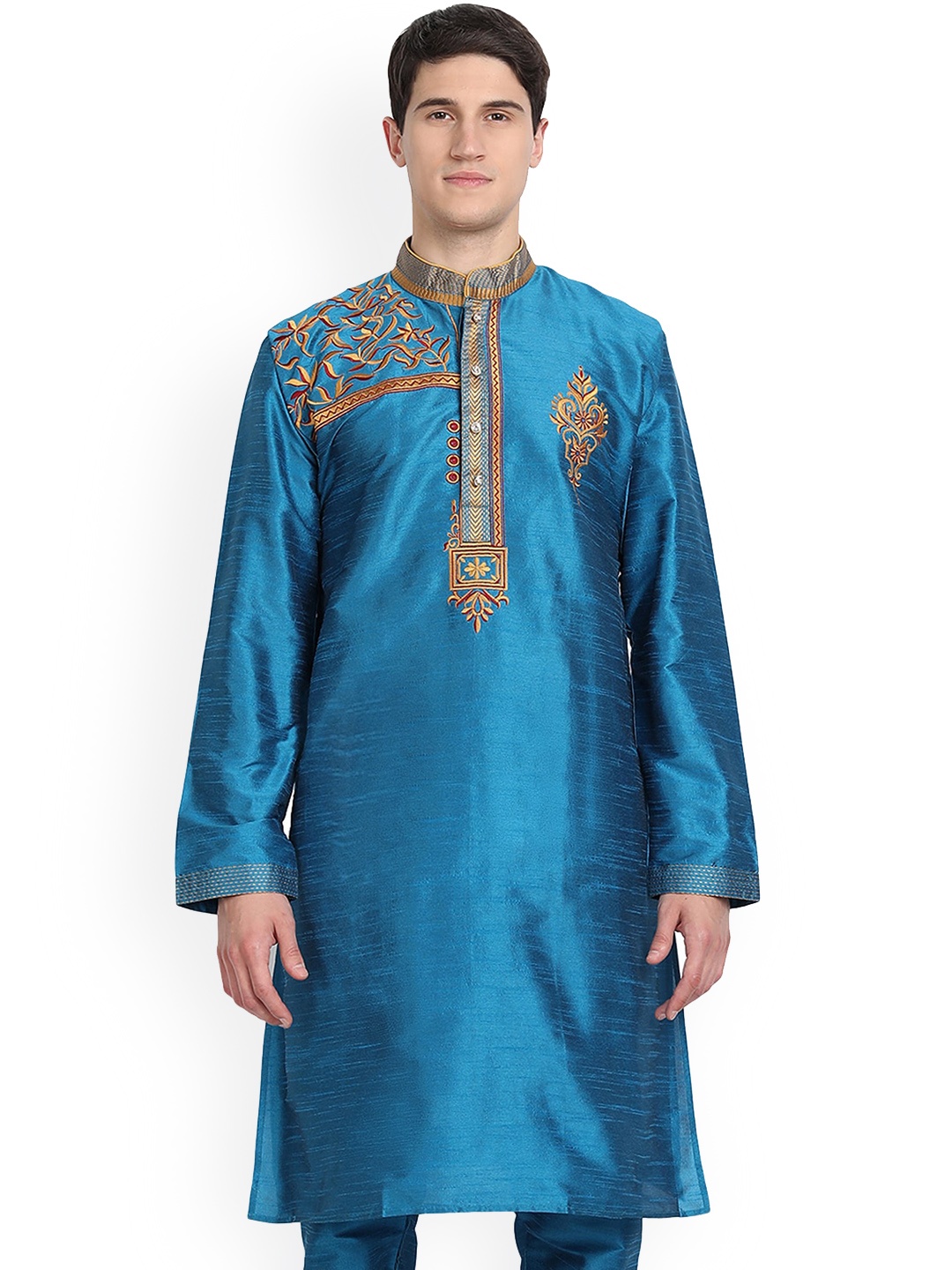 

Enciger Men Turquoise Blue Handloom Kurta