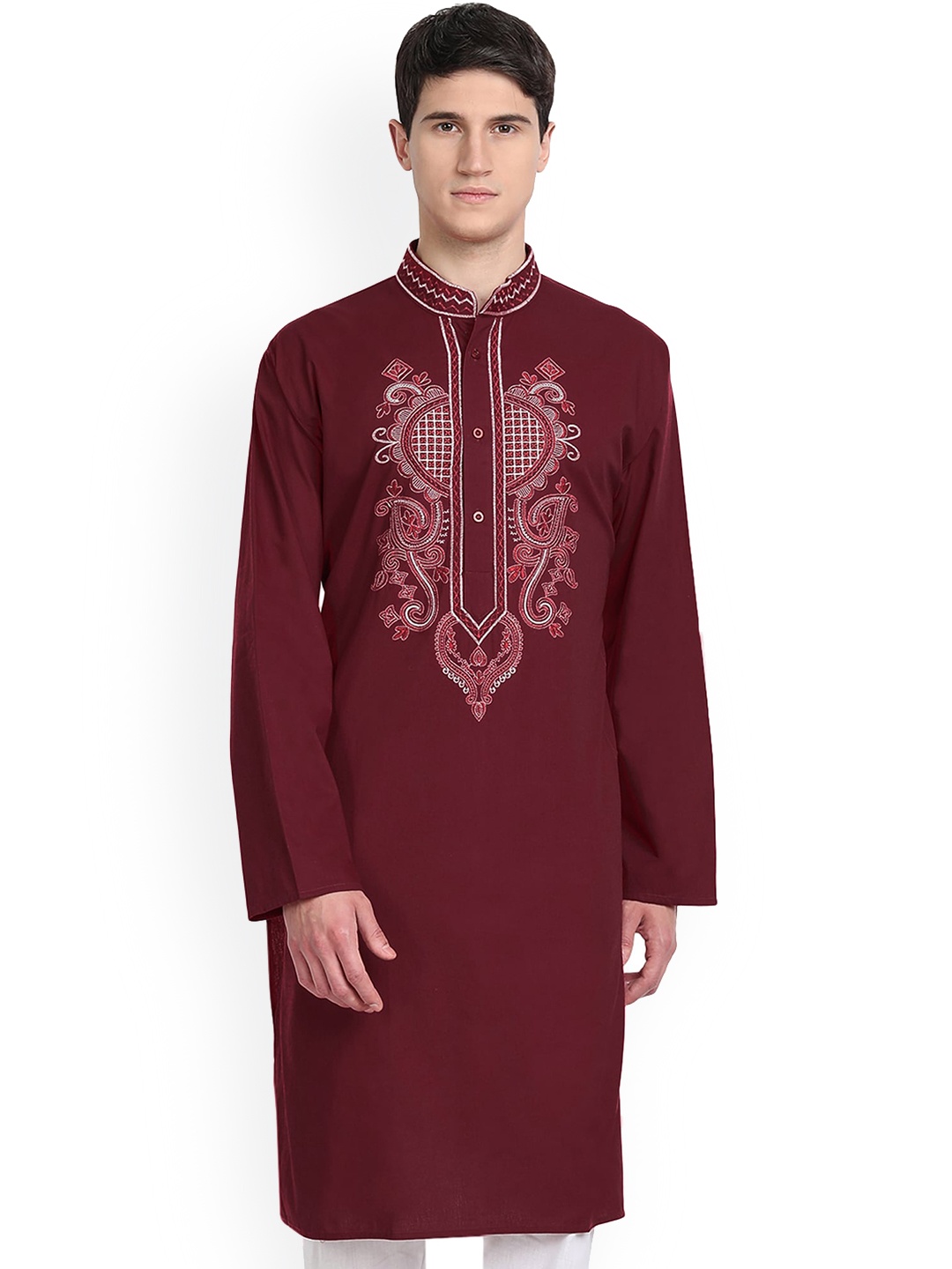 

Enciger Ethnic Motifs Embroidered Mandarin Collar Straight Kurta, Red