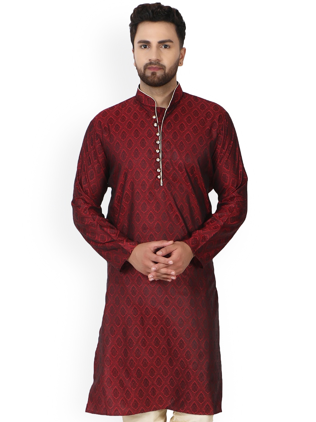 

Enciger Ethnic Motifs Woven Design Mandarin Collar Long Sleeve Jacquard Straight Kurta, Red