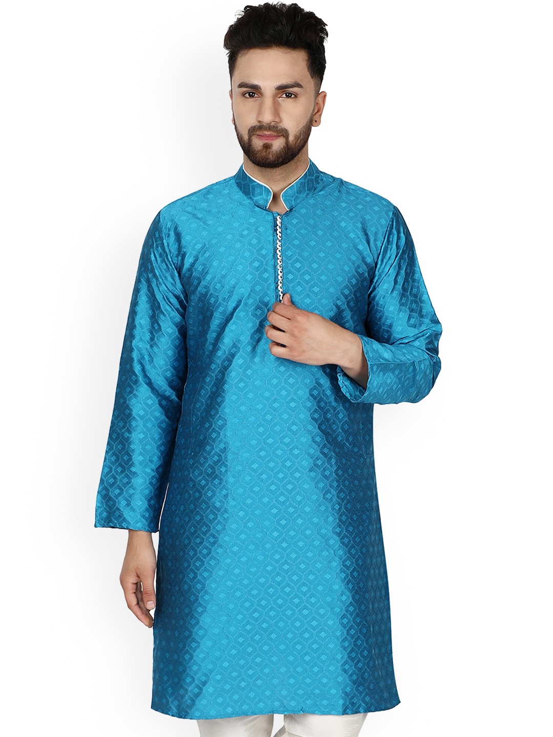

Enciger Geometric Woven Design Straight Kurta, Turquoise blue