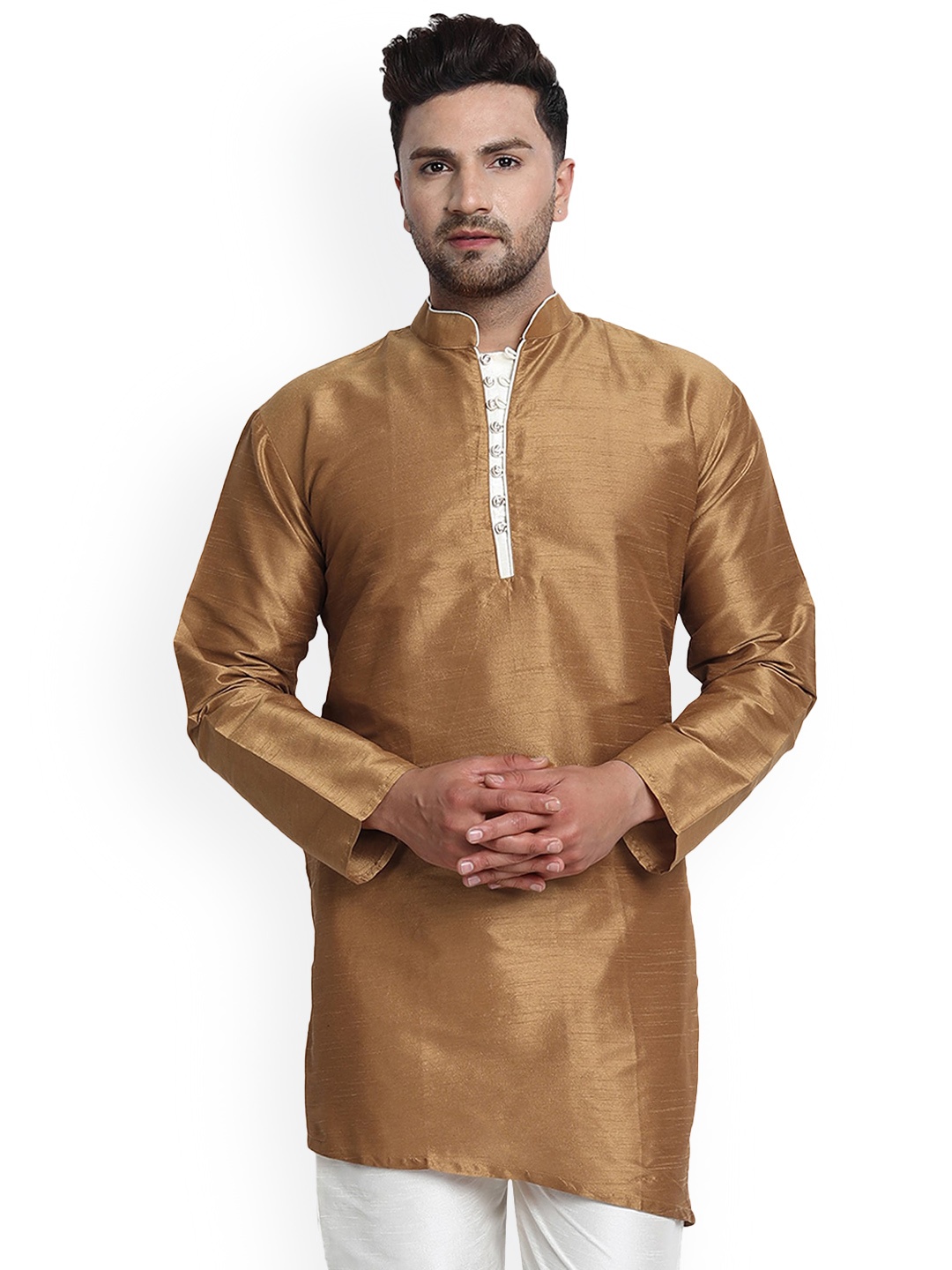 

Enciger Dupion Silk Mandarin Collar Straight Asymmetric Kurta, Brown