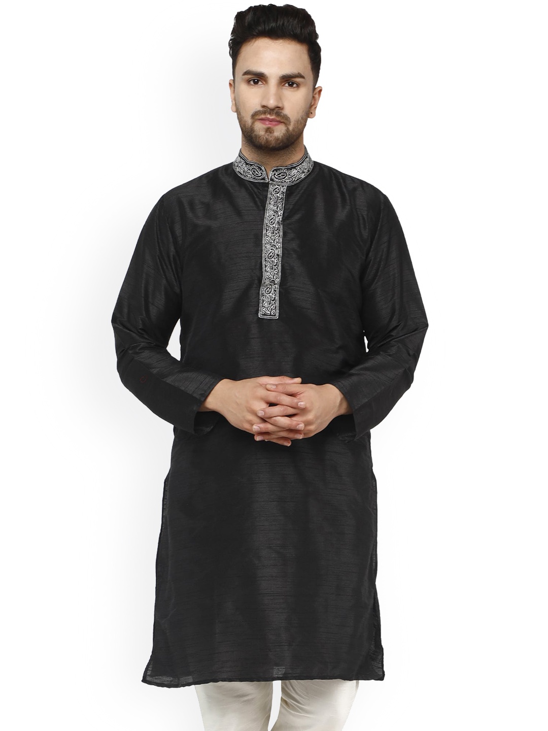 

Enciger Dupion Silk Thread Work Mandarin Collar Straight Kurta, Black