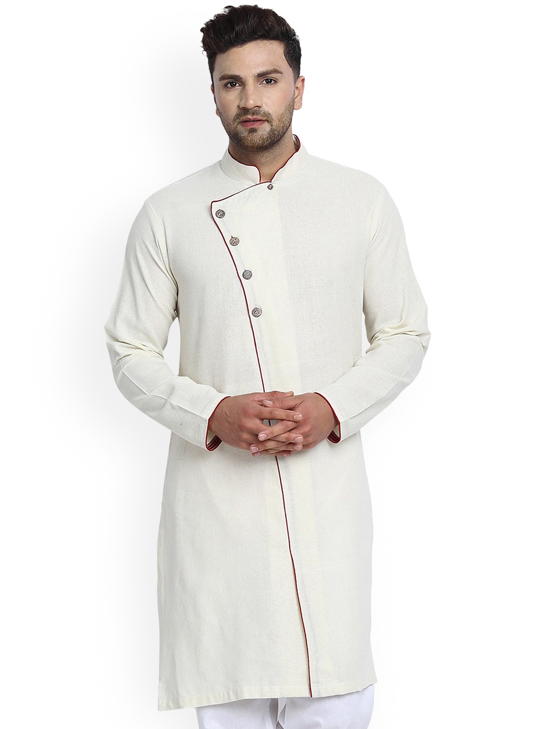 

Enciger Mandarin Collar Long Sleeve Cotton AngrakhaKurta, Off white