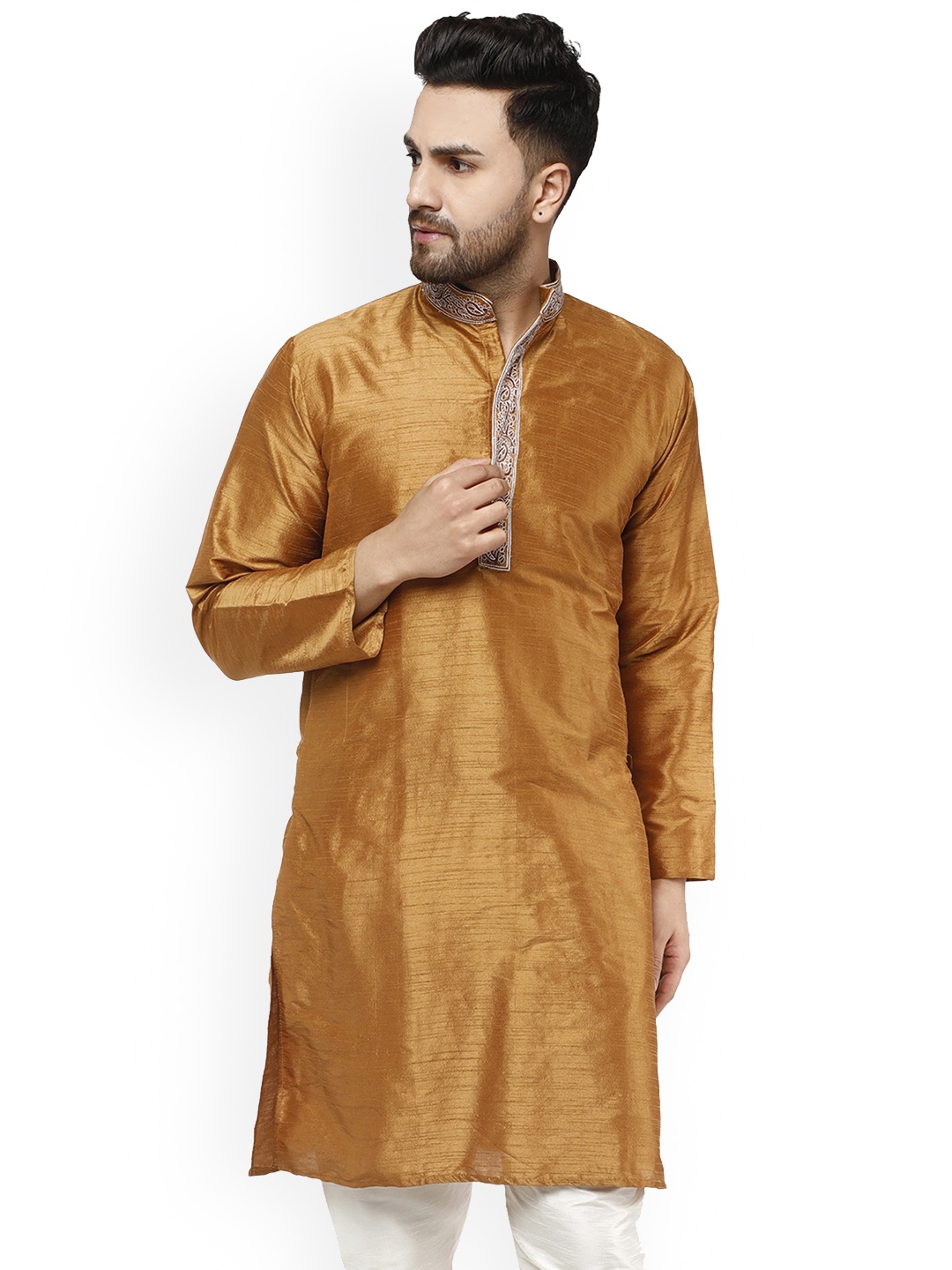 

Enciger Mandarin Collar Long Sleeve Thread Work Straight Kurta, Brown