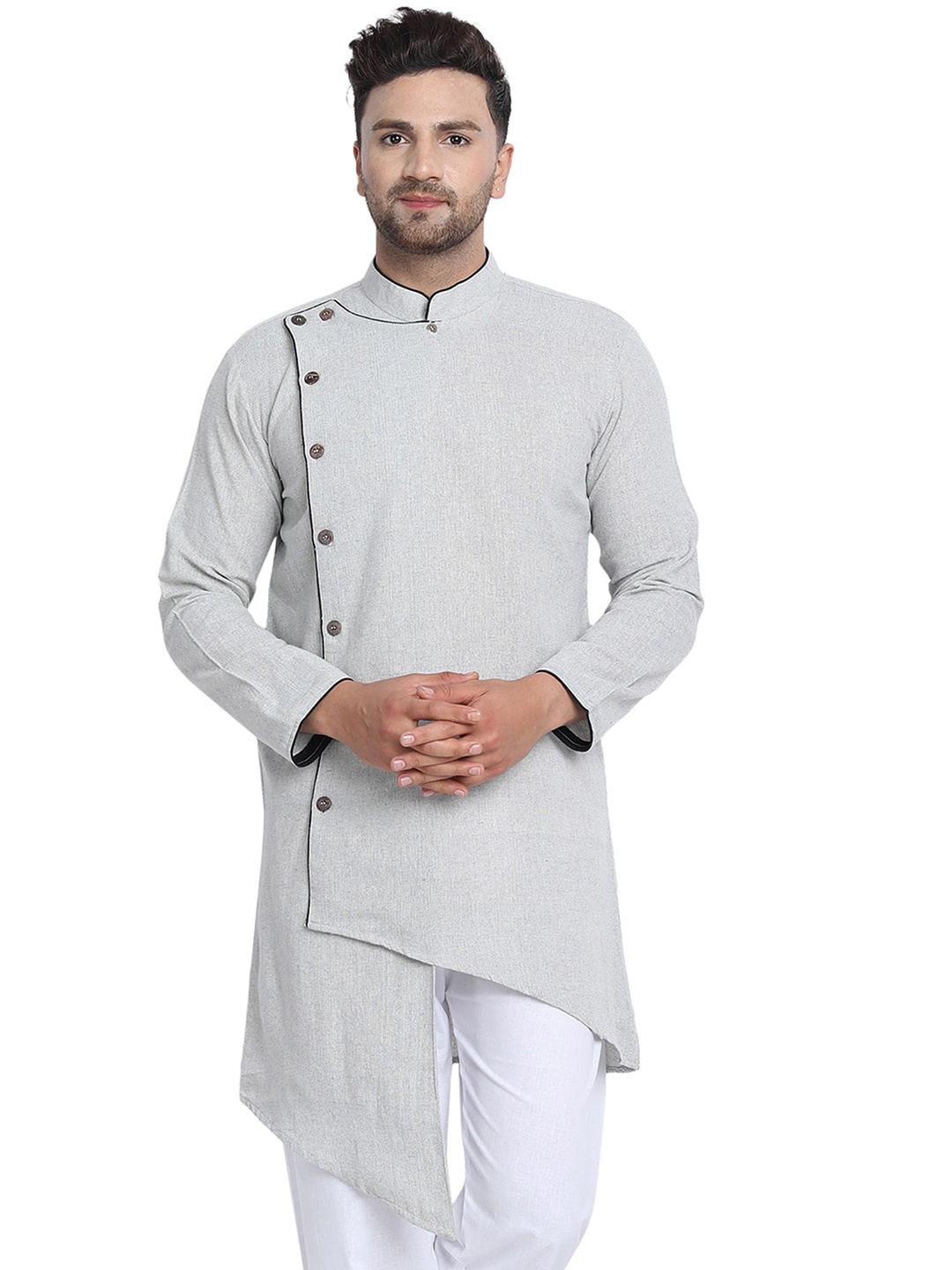 

Enciger Cotton Mandarin Collar Asymmetric Kurta, Grey