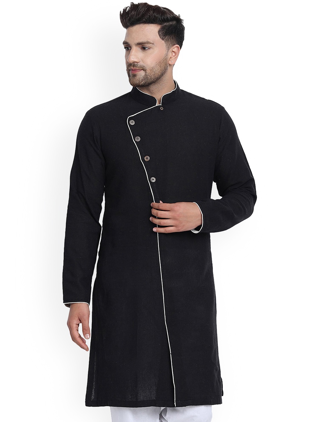 

Enciger Cotton Mandarin Collar Straight Kurta, Black