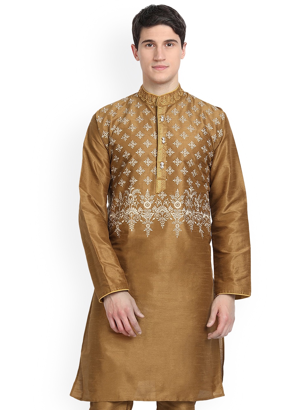 

Enciger Embroidered Mandarin Collar Kurta, Brown