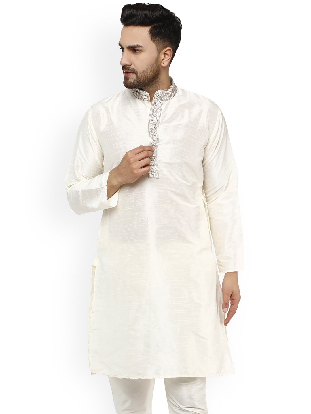 

Enciger Mandarin Collar Thread Work Detailed Straight Kurta, Off white