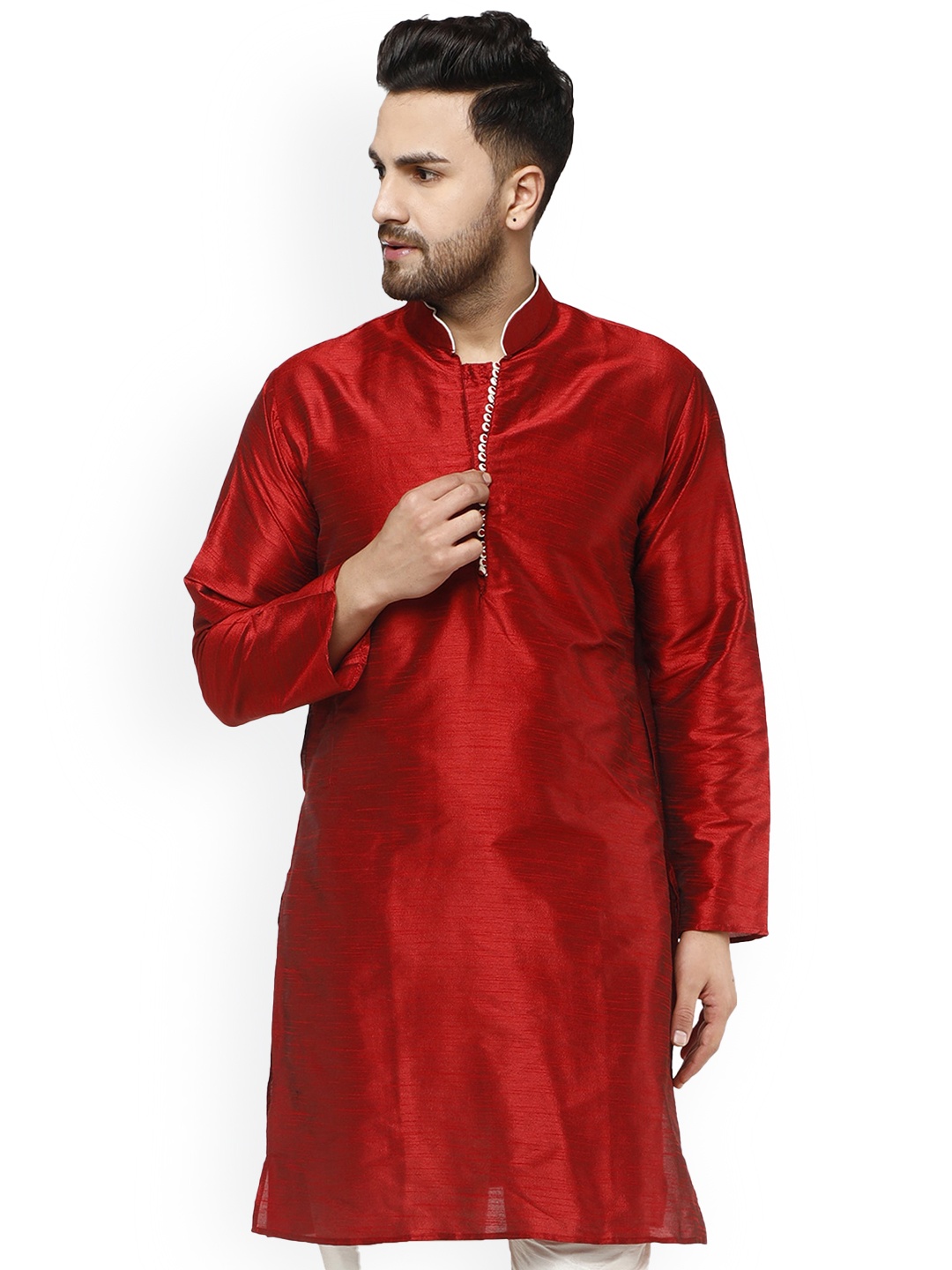 

Enciger Dupion Silk Mandarin Collar Straight Kurta, Red