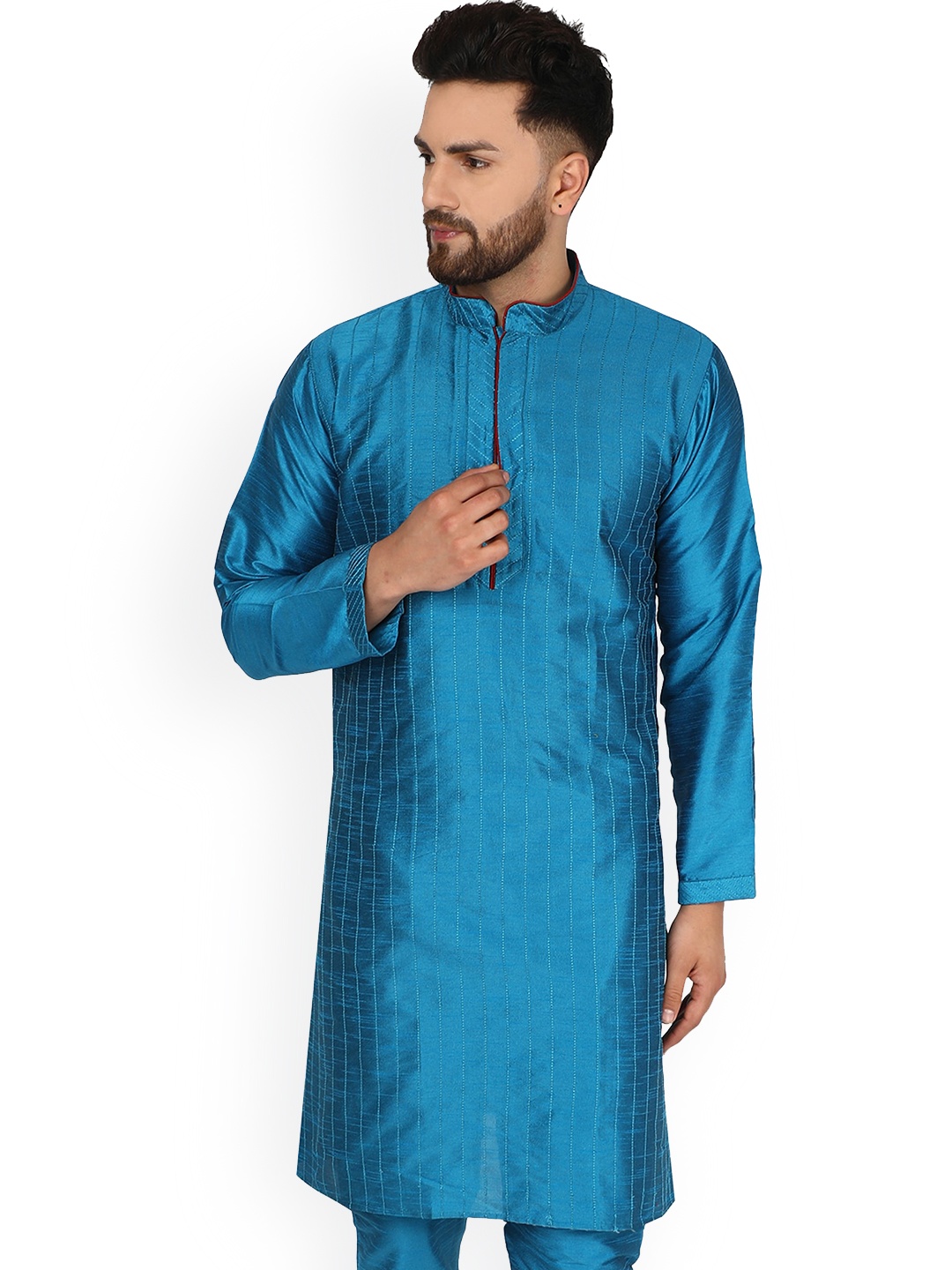 

Enciger Striped Mandarin Collar Straight Kurta, Turquoise blue