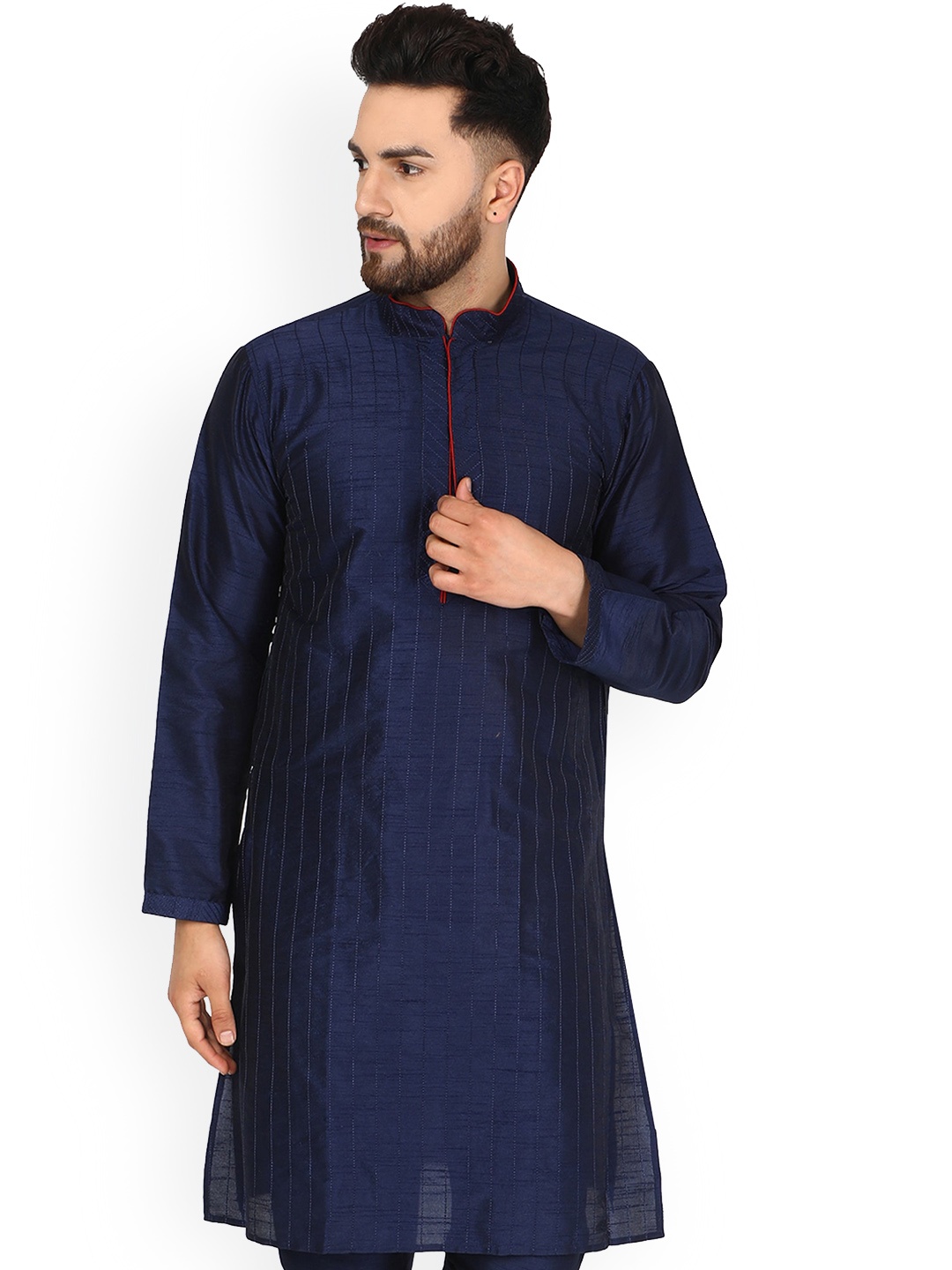 

Enciger Striped Mandarin Collar Straight Kurta, Blue