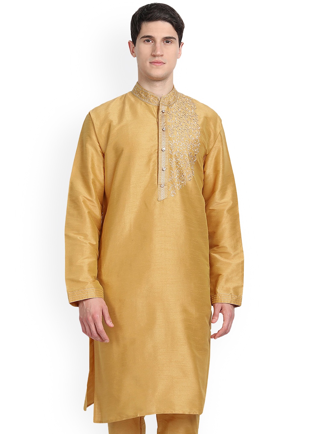 

Enciger Mandarin Collar Long Sleeve Thread Work Straight Kurta, Gold