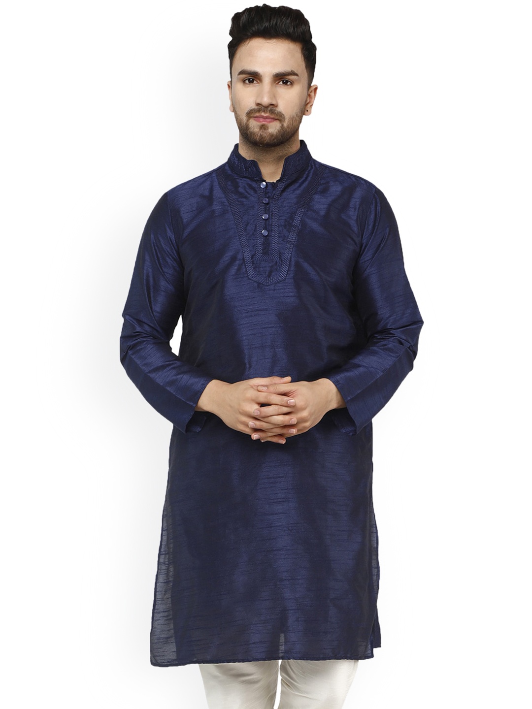 

Enciger Mandarin Collar Long Sleeve Thread Work Straight Kurta, Blue
