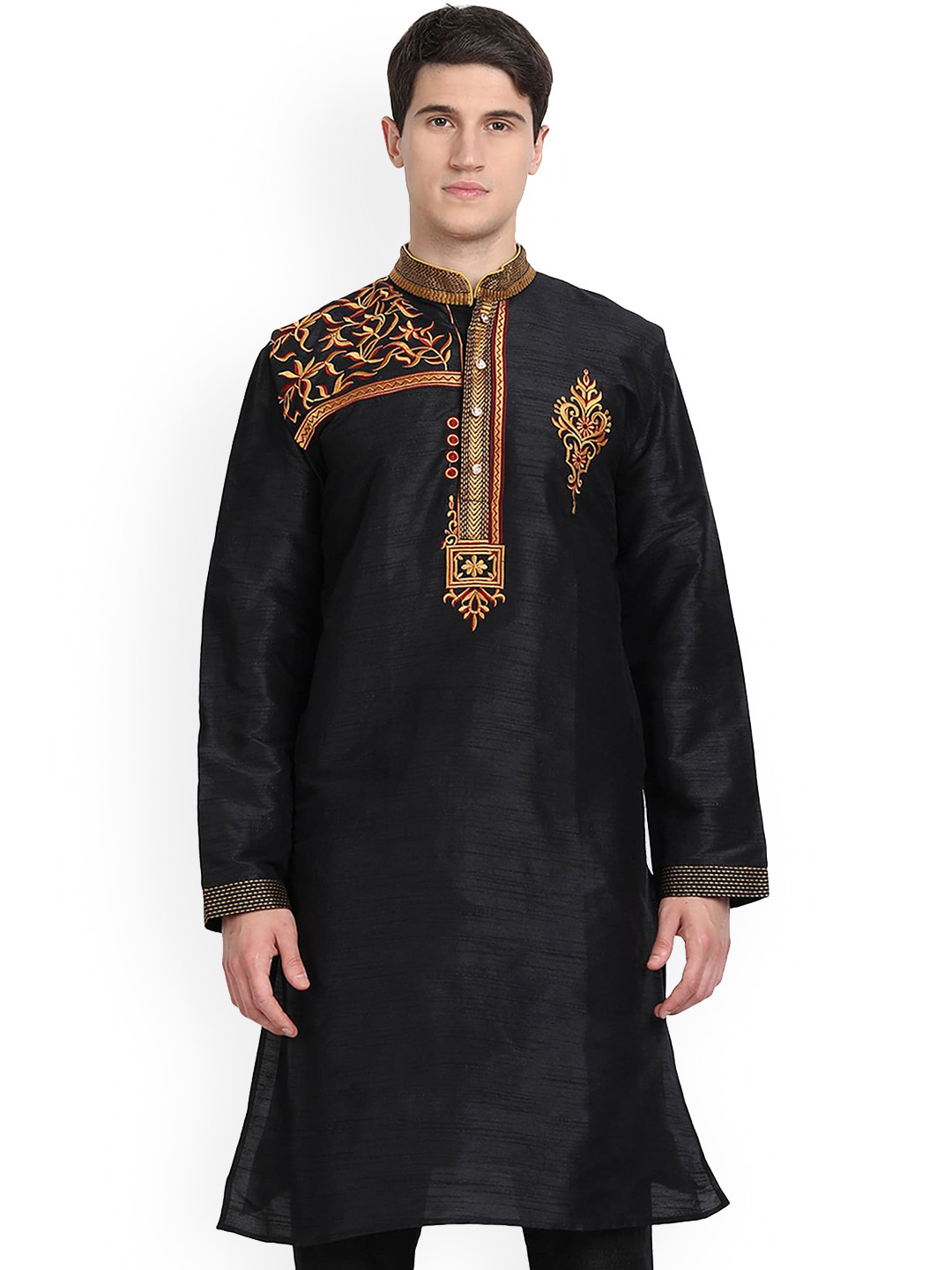 

Enciger Embroidered Mandarin Collar Thread Work A-Line Kurta, Black