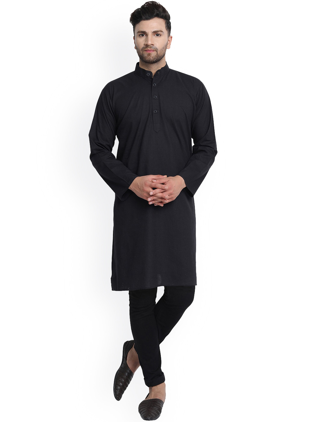 

Enciger Mandarin Collar Long Sleeve Cotton Straight Kurta, Black