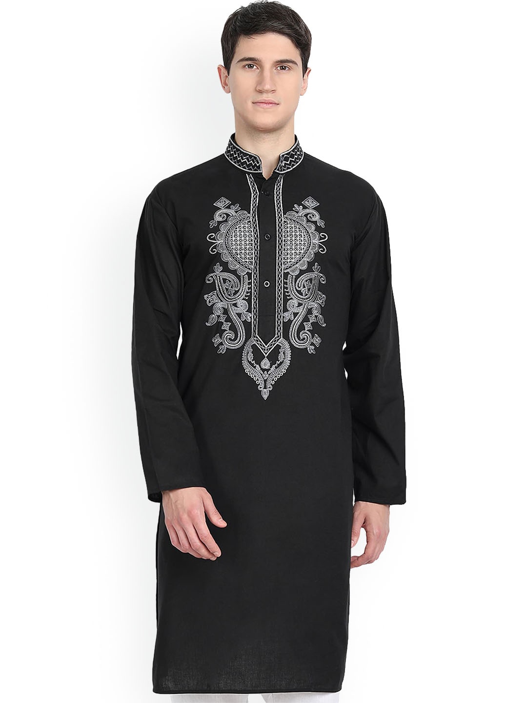 

Enciger Ethnic Motifs Yoke Design Thread Work Mandarin Collar Straight Kurta, Black