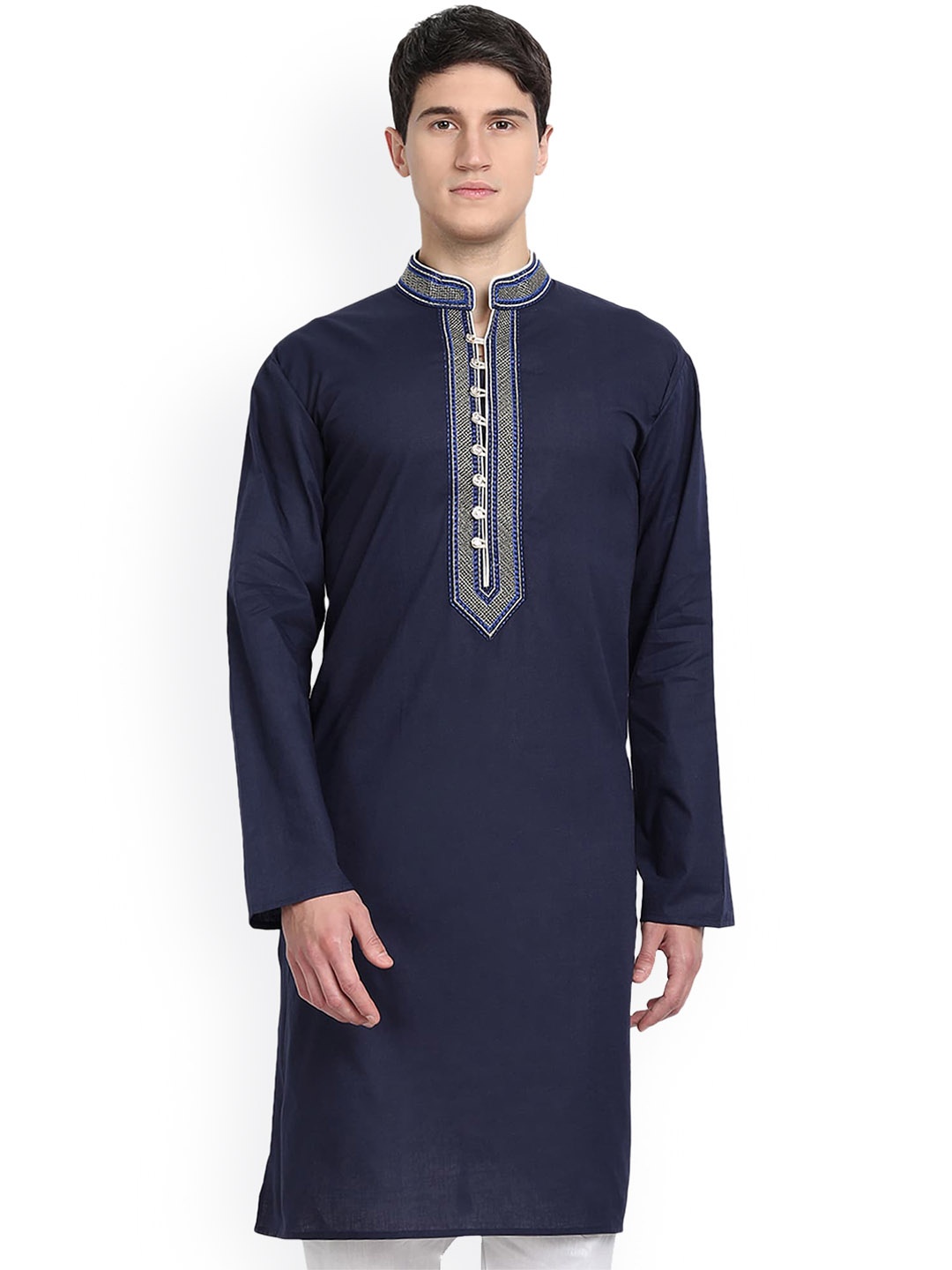 

Enciger Geometric Yoke Design Mandarin Collar Dupion Silk Straight Kurta, Navy blue