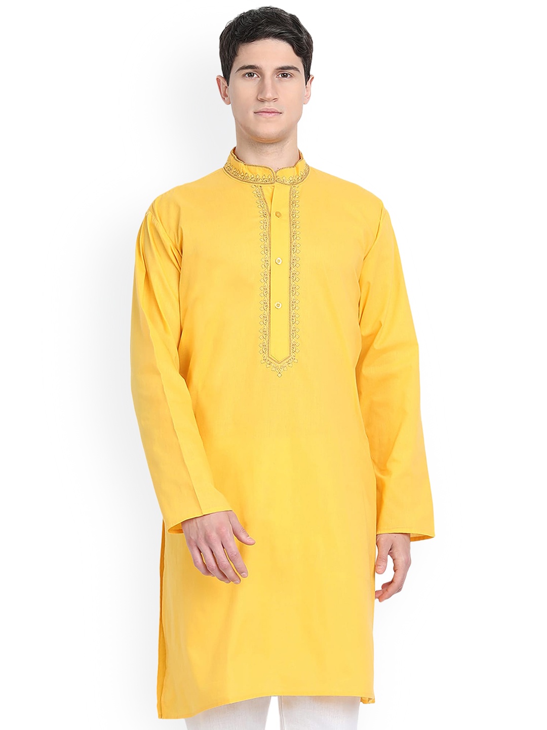 

Enciger Ethnic Motifs Yoke Design Mandarin Collar Dupion Silk Straight Kurta, Gold