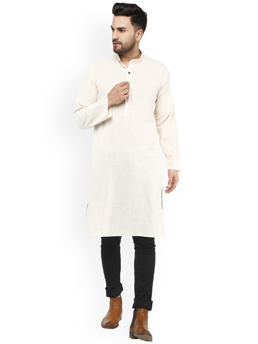 

Enciger Band Collar Straight Cotton Kurta, Off white