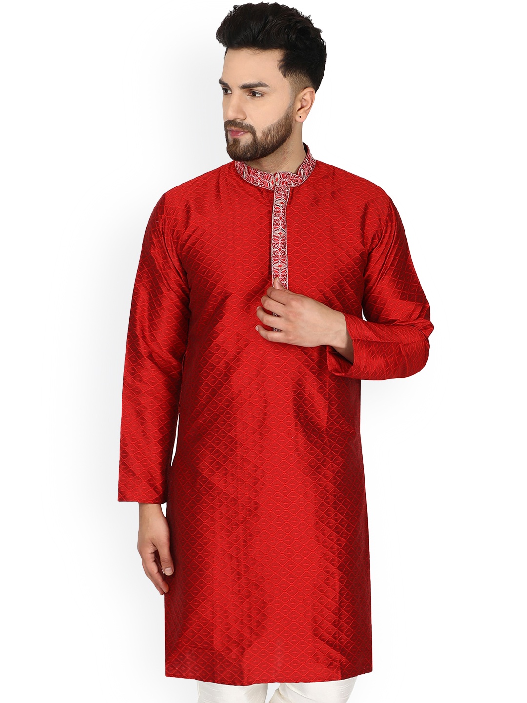 

Enciger Ethnic Motifs Yoke Design Mandarin Collar Dupion Silk Kurta, Red