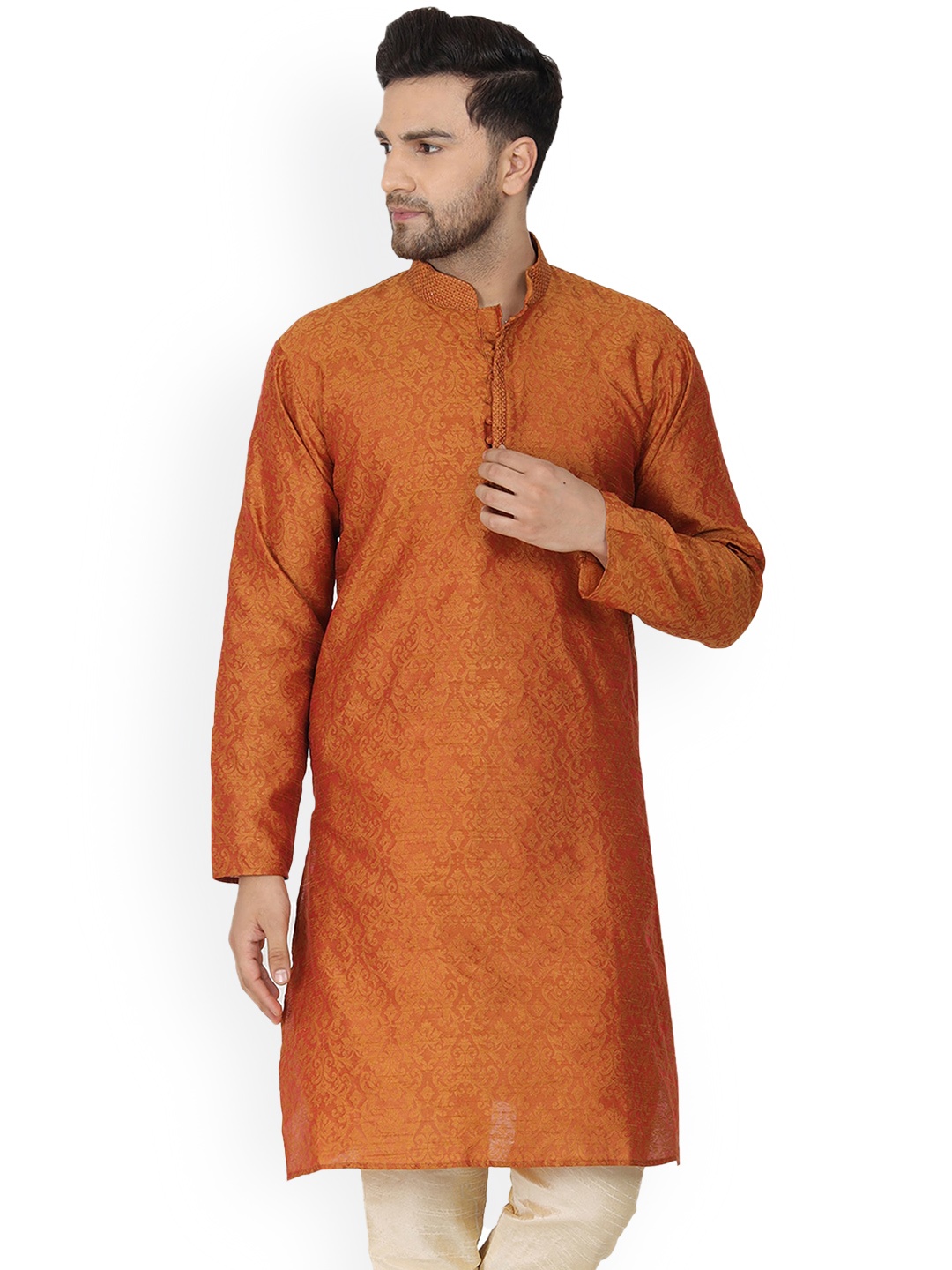 

Enciger Ethnic Motifs Woven Design Mandarin Collar Jacquard Straight Kurta, Brown
