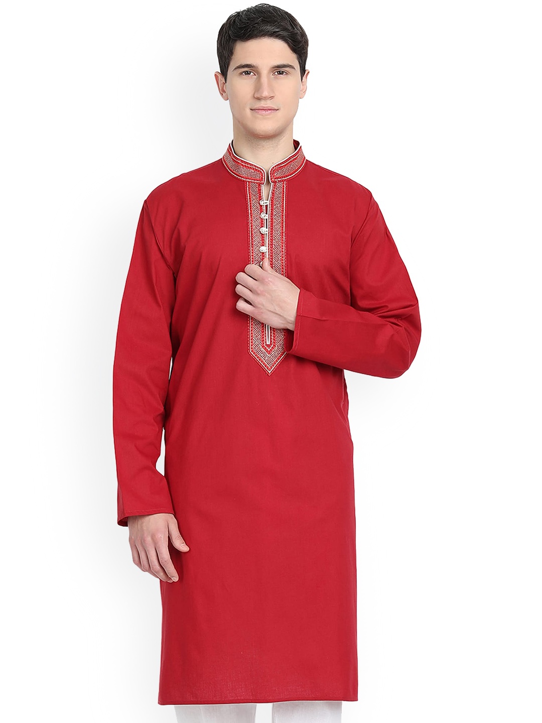 

Enciger Mandarin Collar Dupion Silk Straight Kurta, Red