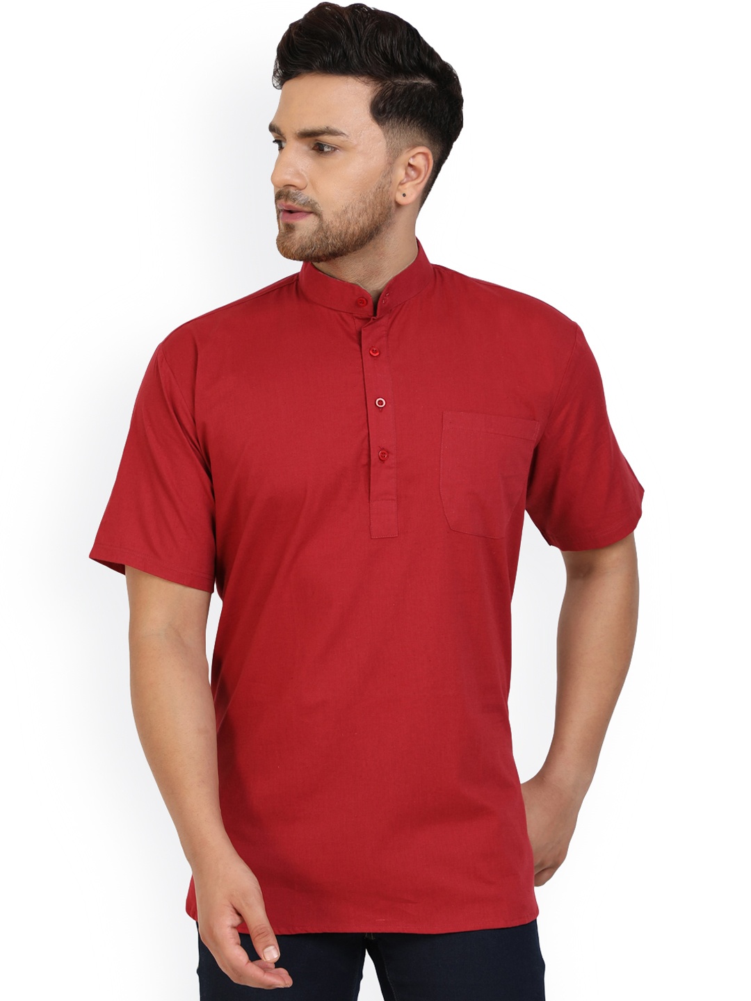 

Enciger Band Collar Cotton Straight Kurta, Red