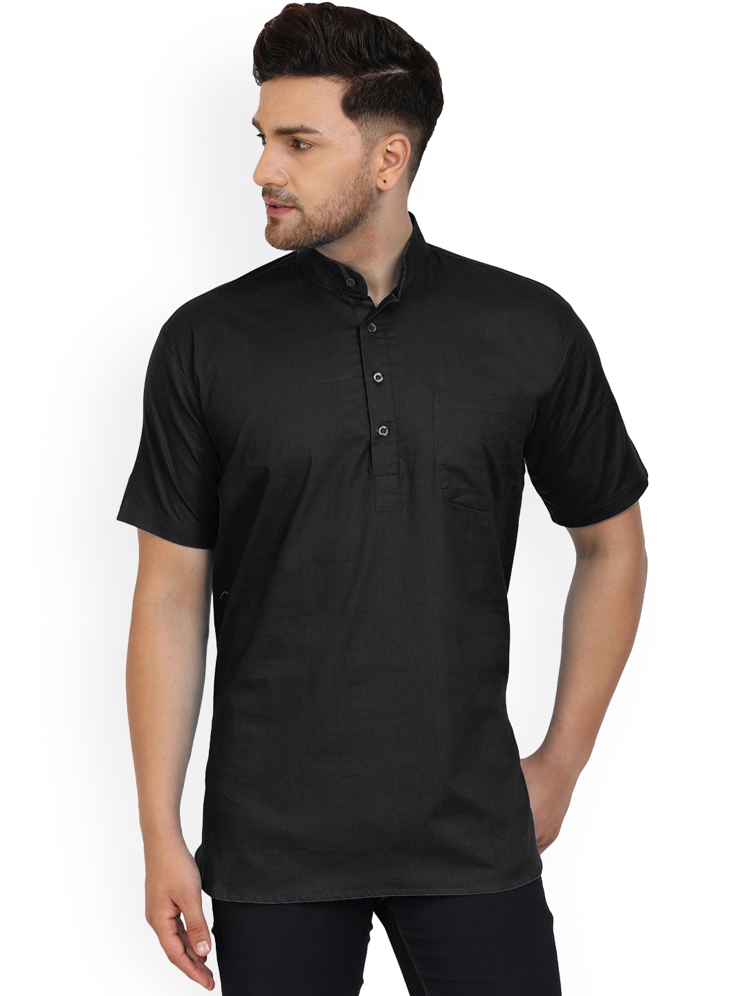 

Enciger Mandarin Collar Cotton Straight Short Kurta, Black