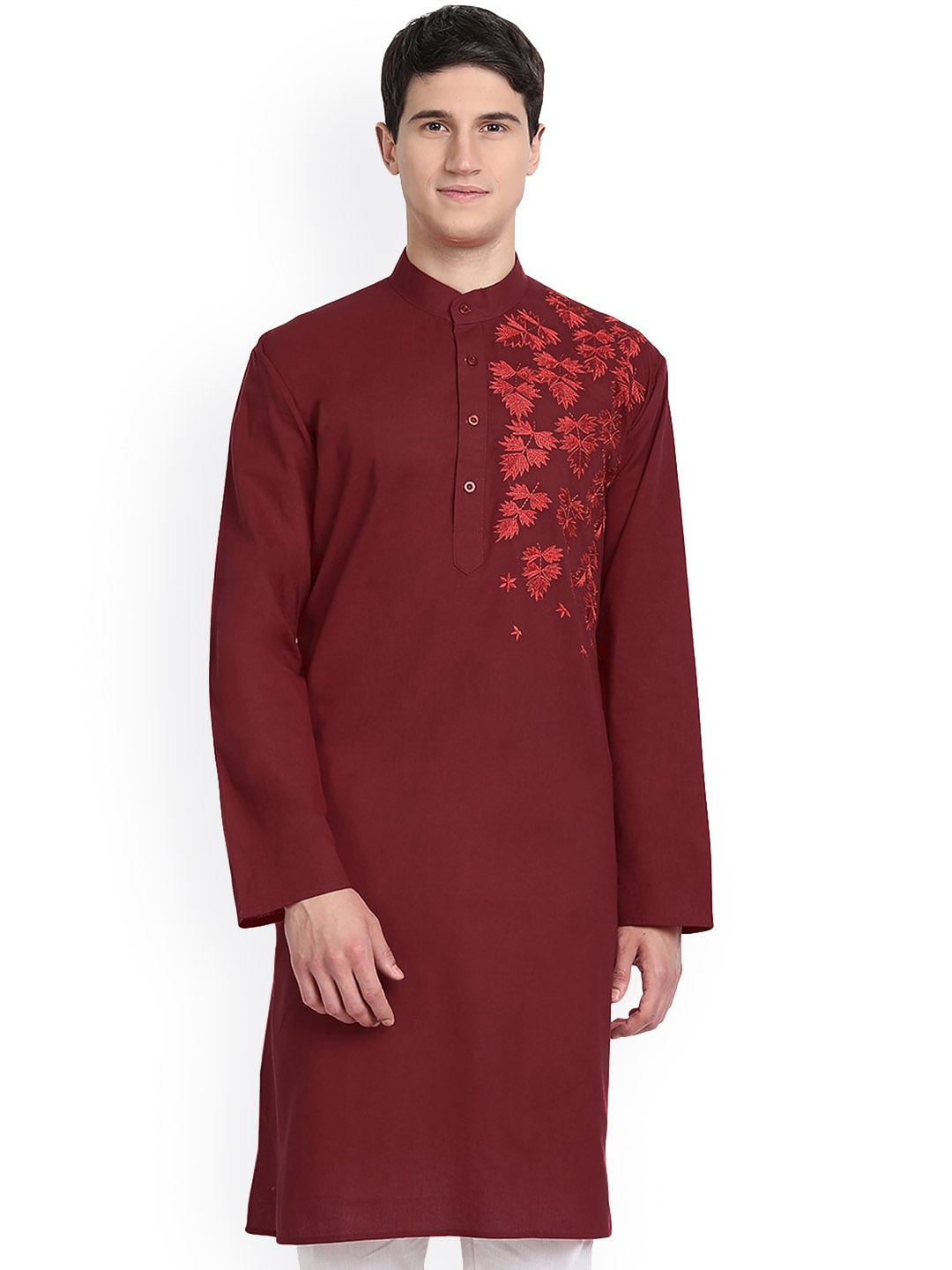 

Enciger Ethnic Motifs Embroidered Band Collar Dupion Silk Kurta, Maroon