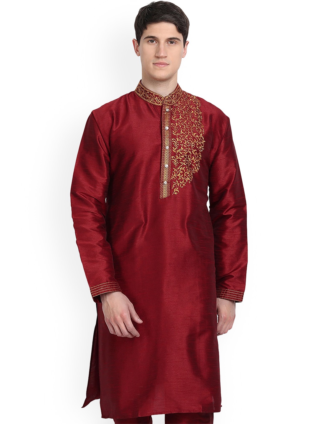 

Enciger Floral Yoke Design Thread Work Band Collar Straight Kurta, Red