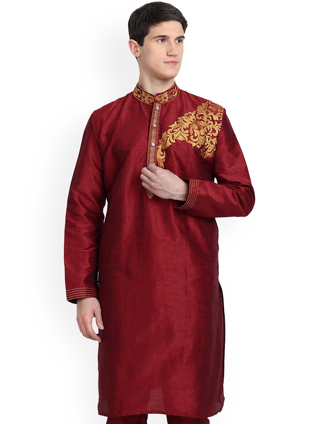 

Enciger Ethnic Motifs Embroidered Thread Work Mandarin Collar Dupion Silk Kurta, Red
