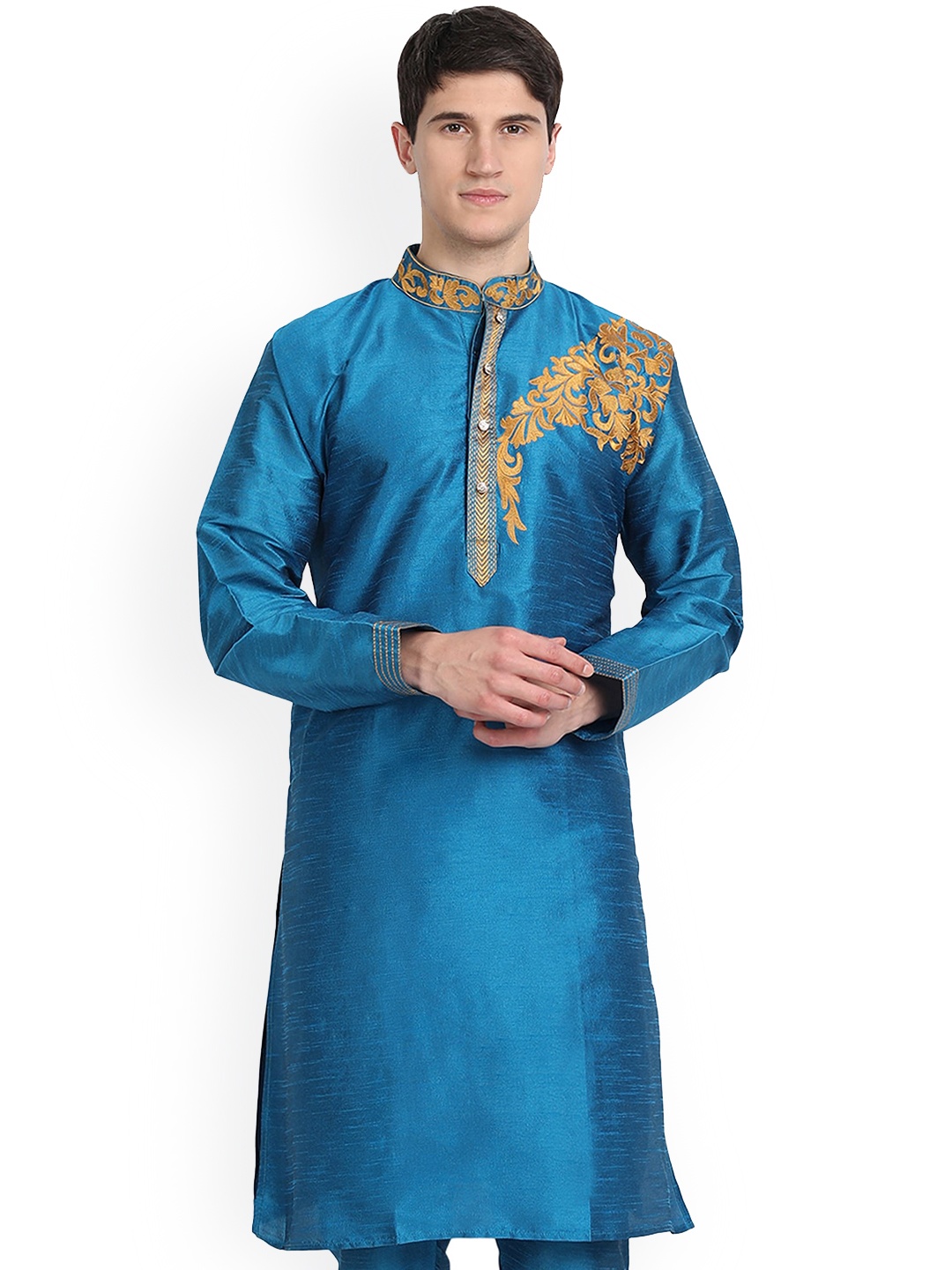 

Enciger Floral Embroidered Thread Work Dupion Silk Kurta, Turquoise blue
