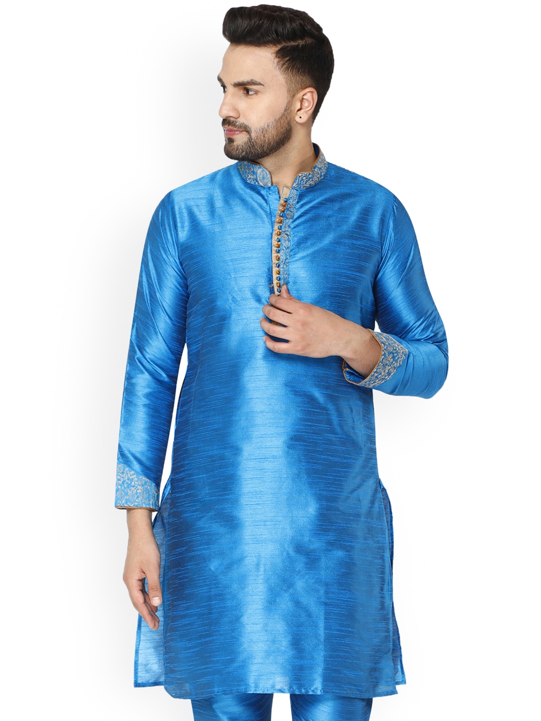 

Enciger Mandarin Collar Dupion Silk Straight Kurta, Turquoise blue
