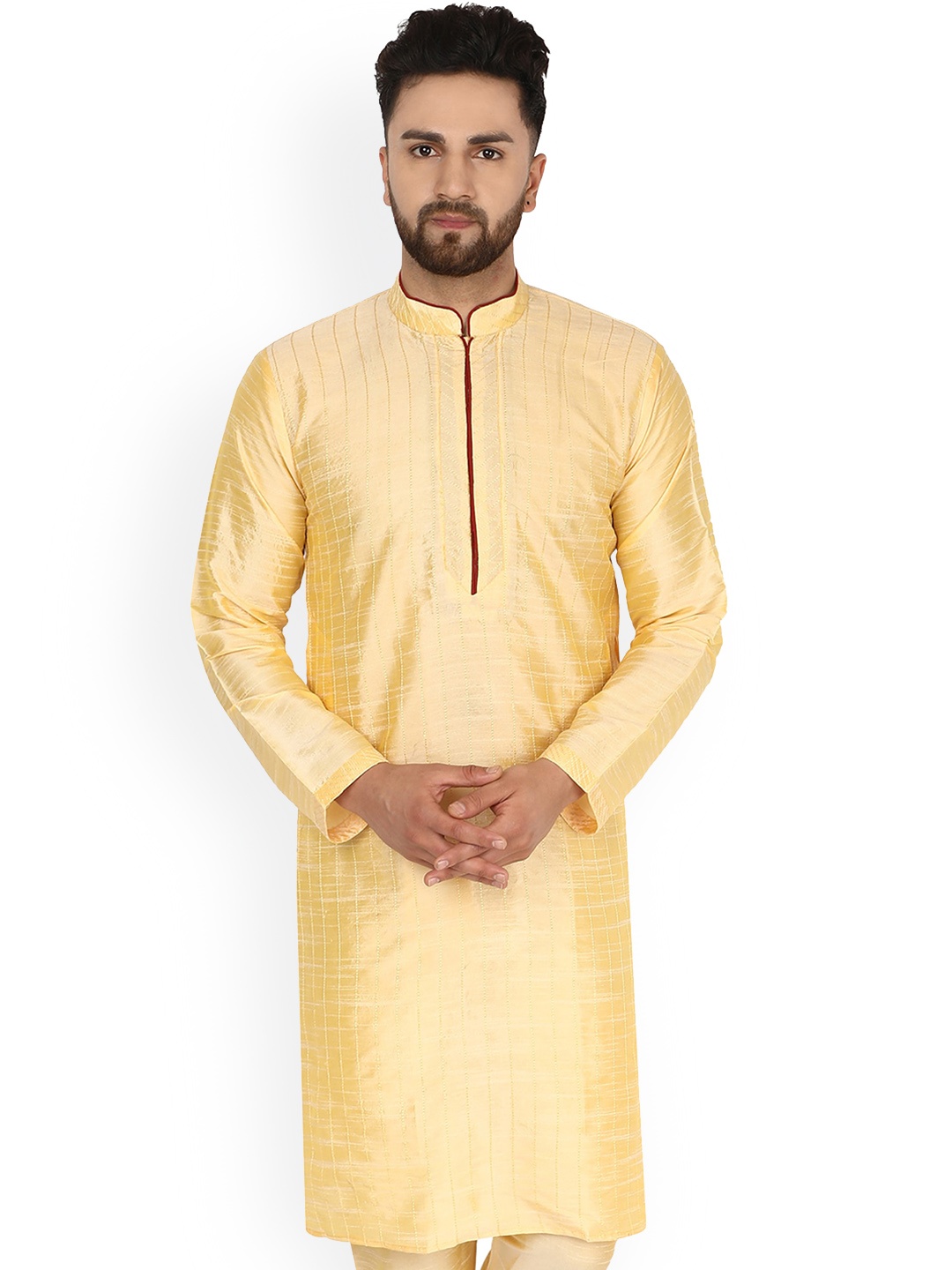 

Enciger Mandarin Collar Thread Work Straight Kurta, Beige