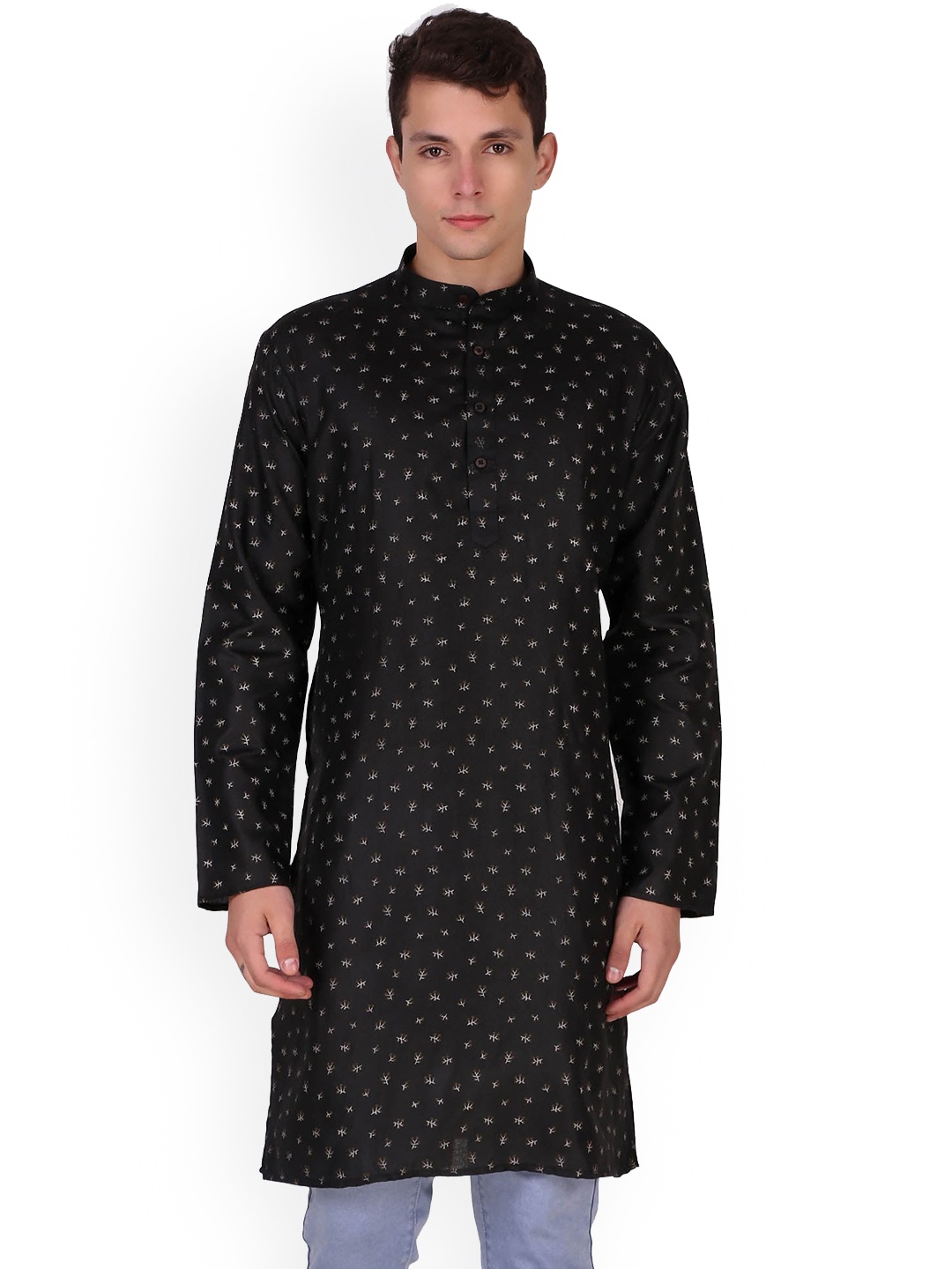 

Enciger Geometric Printed Mandarin Collar Cotton Straight Kurta, Black