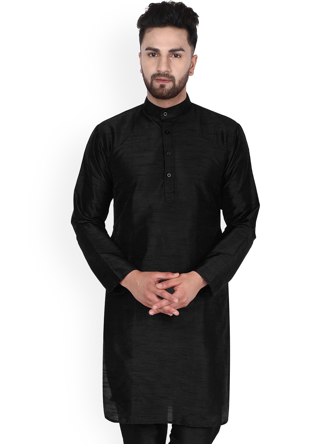 

Enciger Mandarin Collar Dupion Silk Straight Kurta, Black