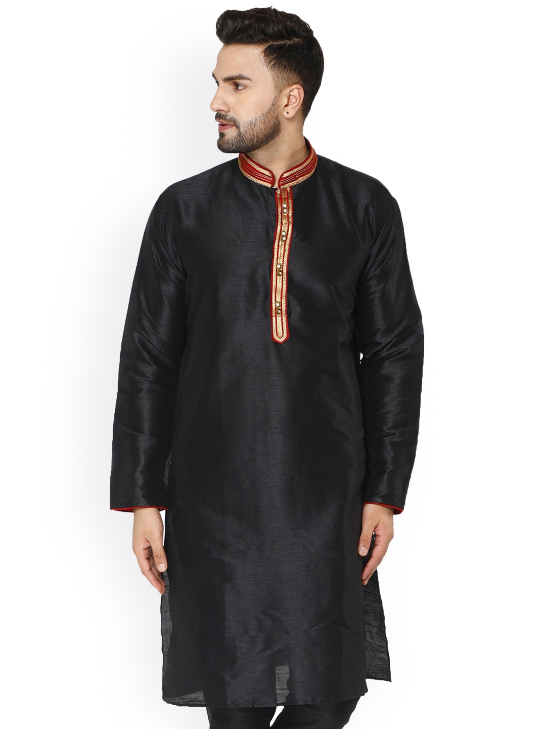 

Enciger Geometric Yoke Design Mandarin Collar Dupion Silk Kurta, Black