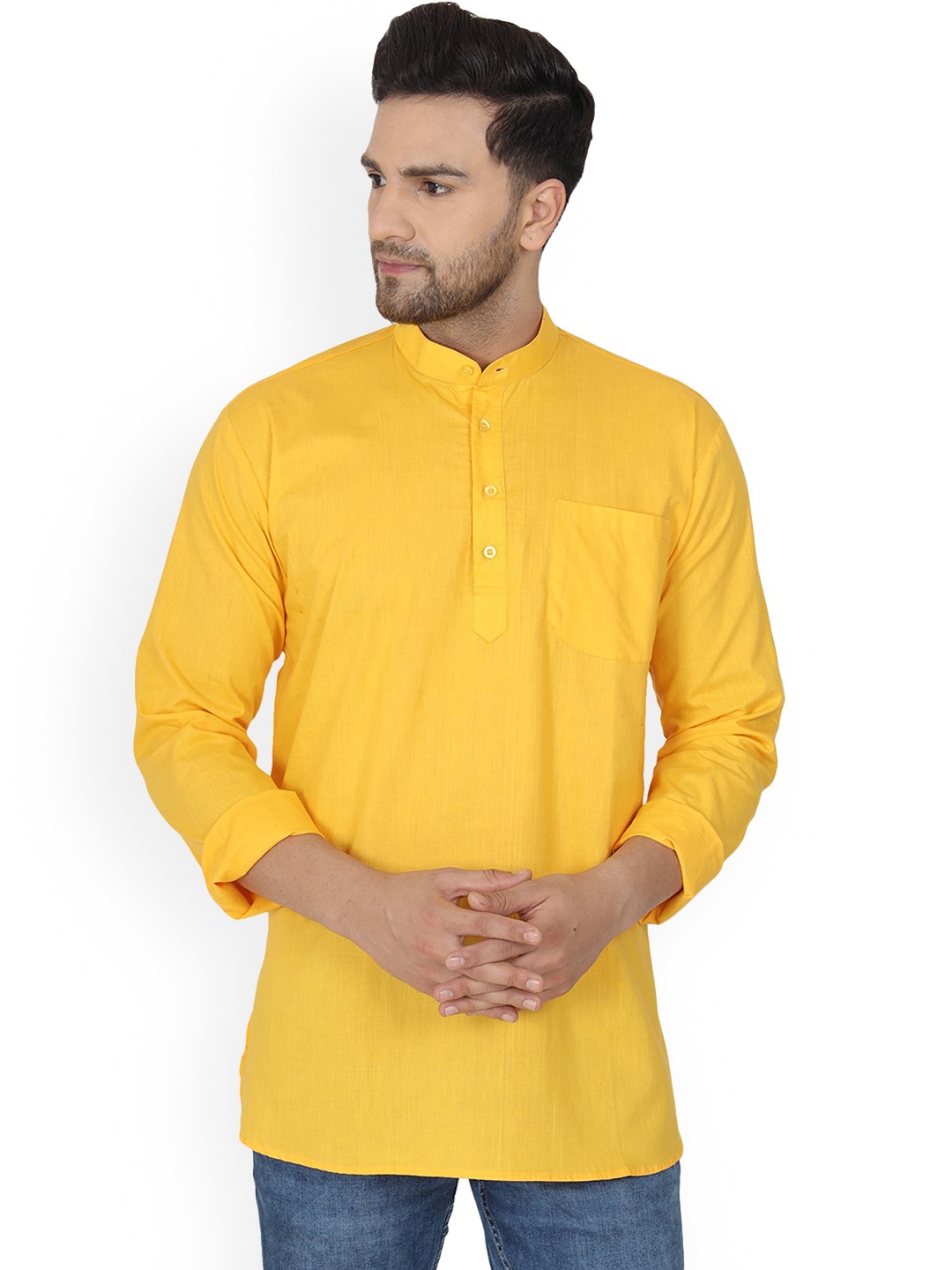 

Enciger Mandarin Collar Cotton Short Kurta, Yellow