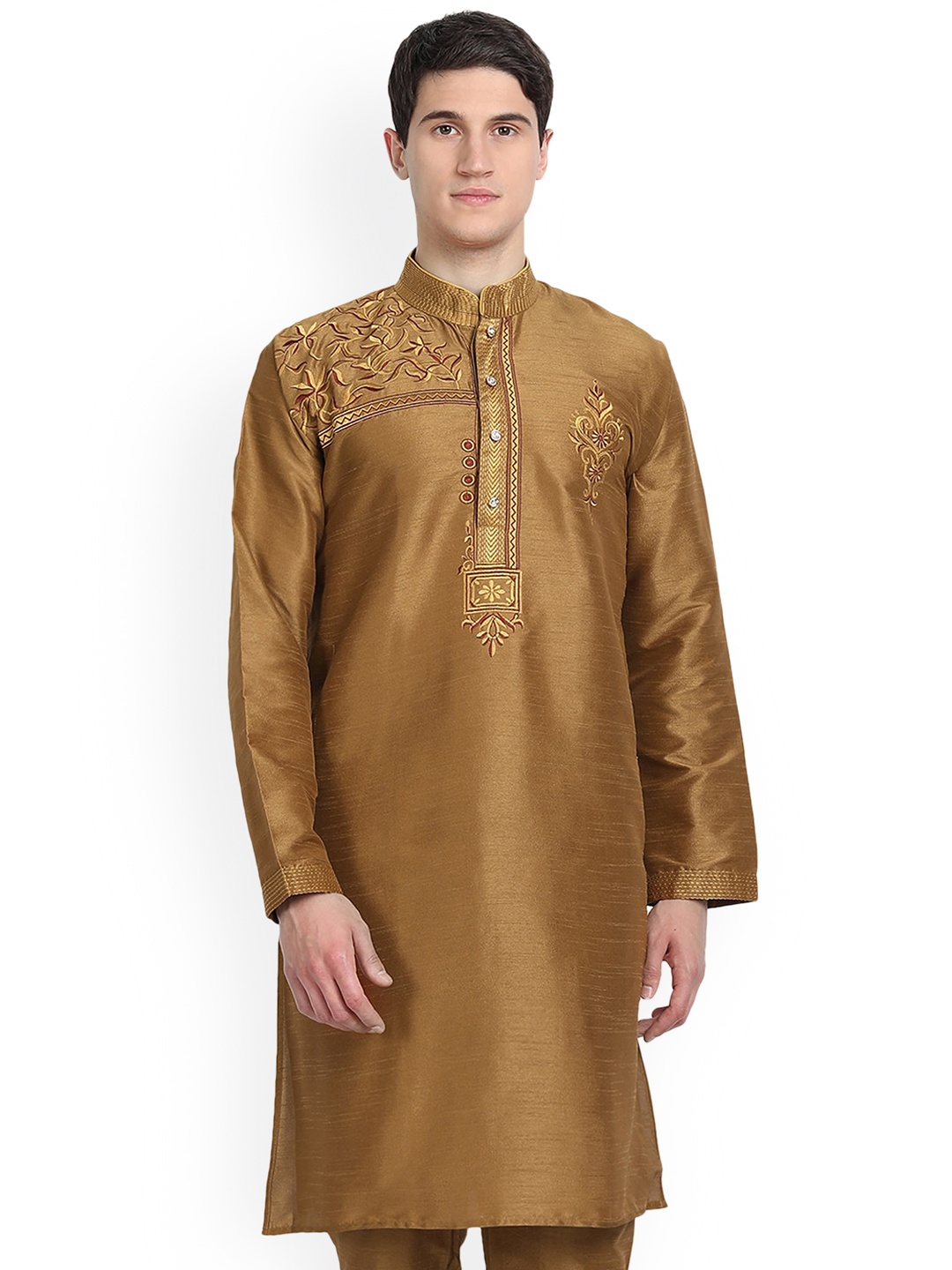 

Enciger Thread Work Mandarin Collar Kurta, Brown